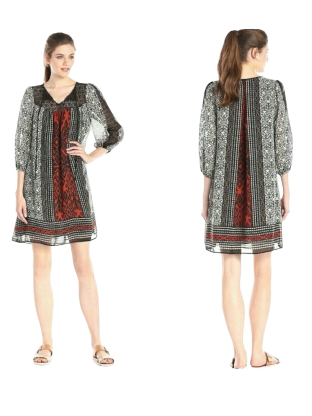 Gabby Skye Geometric Lace Trapeze Swing Dress Black Red NWT Size 4